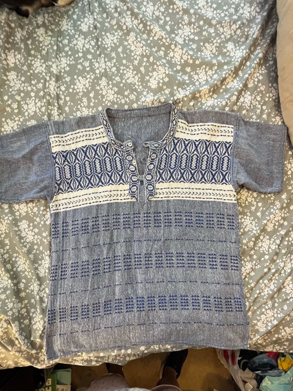 Source Unknown  Blue White Woven short sleeve beachy vibe shirt